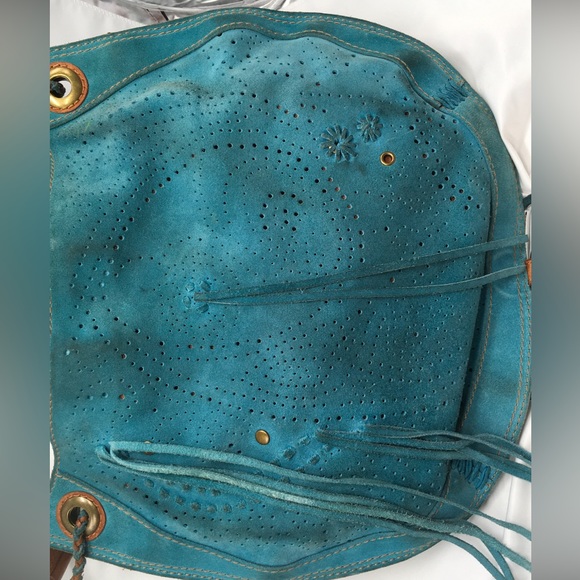 Lucky Brand Laser Cut Perforated Suede Tassel Hippie Hobo Shoulder Handbag - Picture 2 of 8